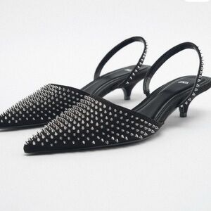 Zara Black Studded Pointed Slingback Heels with Silver Spikes